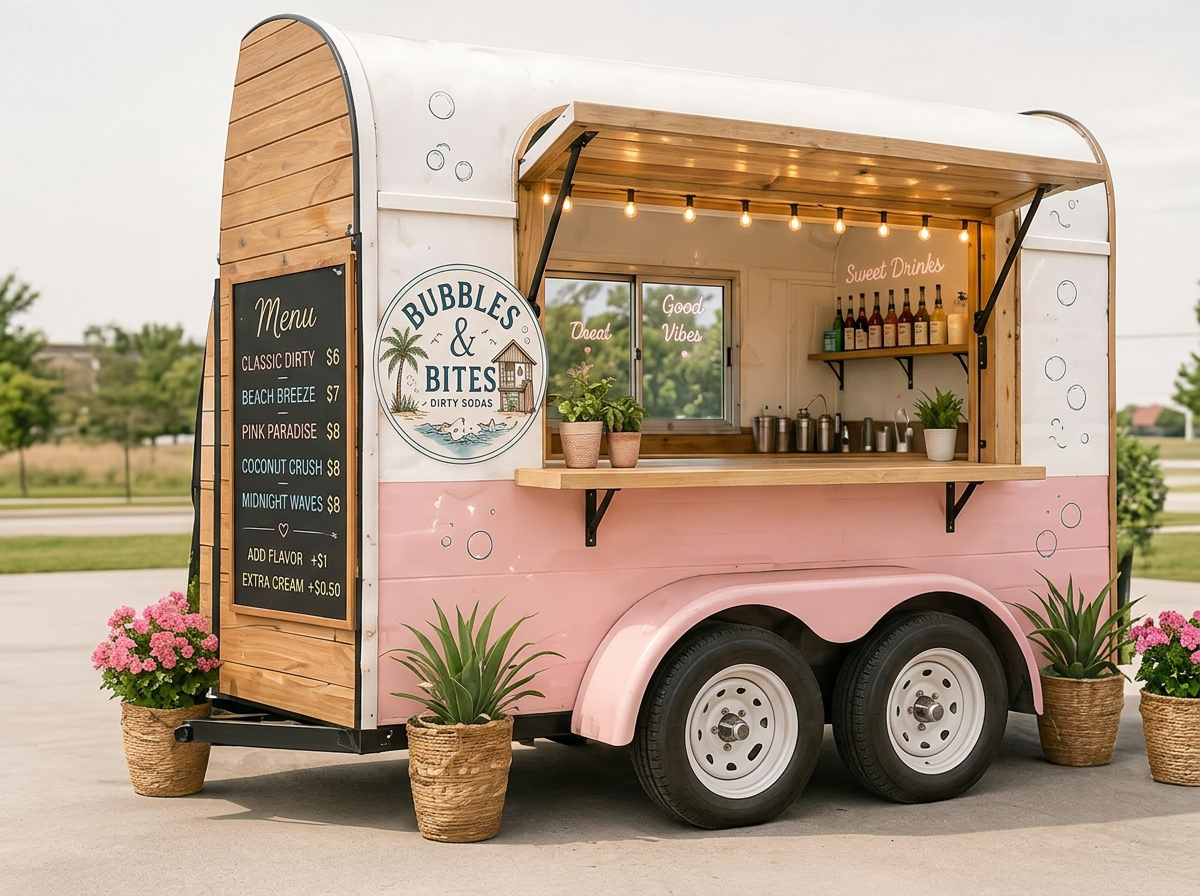 The Bubbles & Bites pink beach trailer